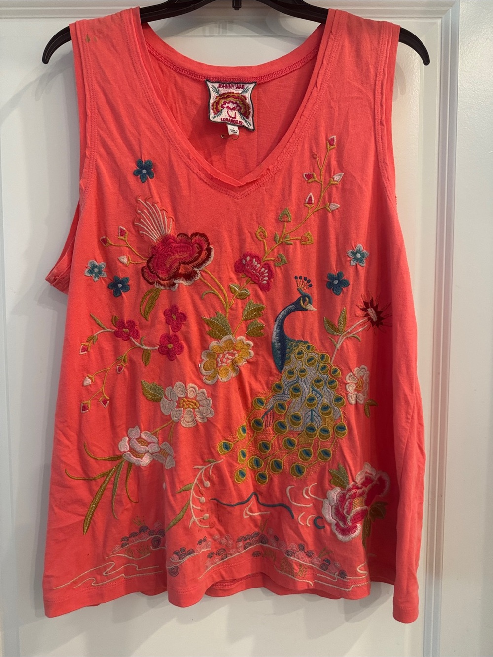 Johnny Was Coral Tank Top with Embroidered Peacock